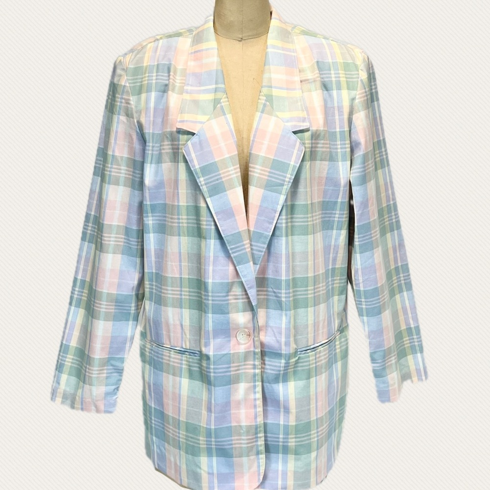 VINTAGE pastel plaid women’s blazer‎ suit jacket coat lightweight preppy office